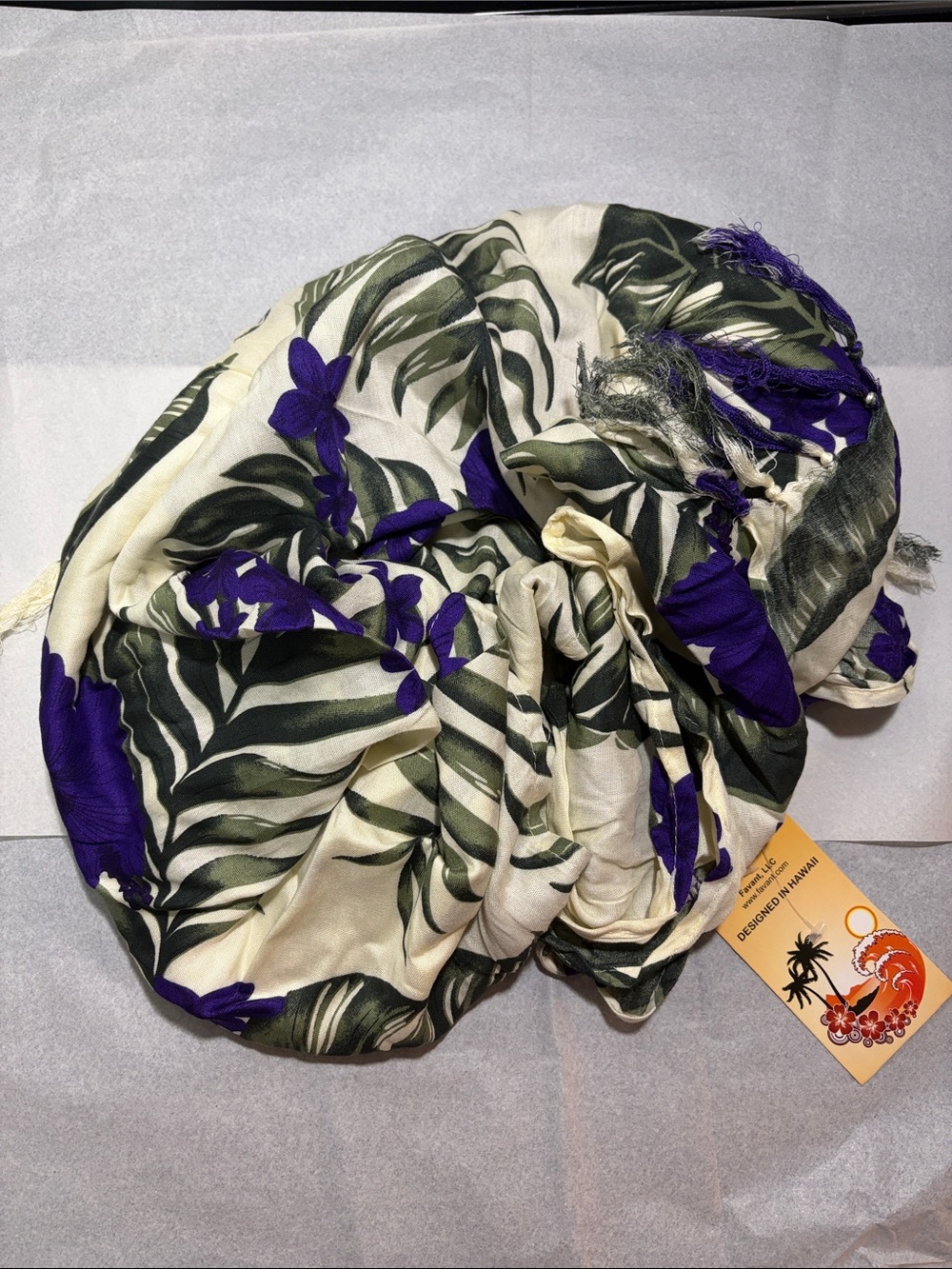 Floral Leaf Print Wrap Scarf in Cream, Olive & Purple